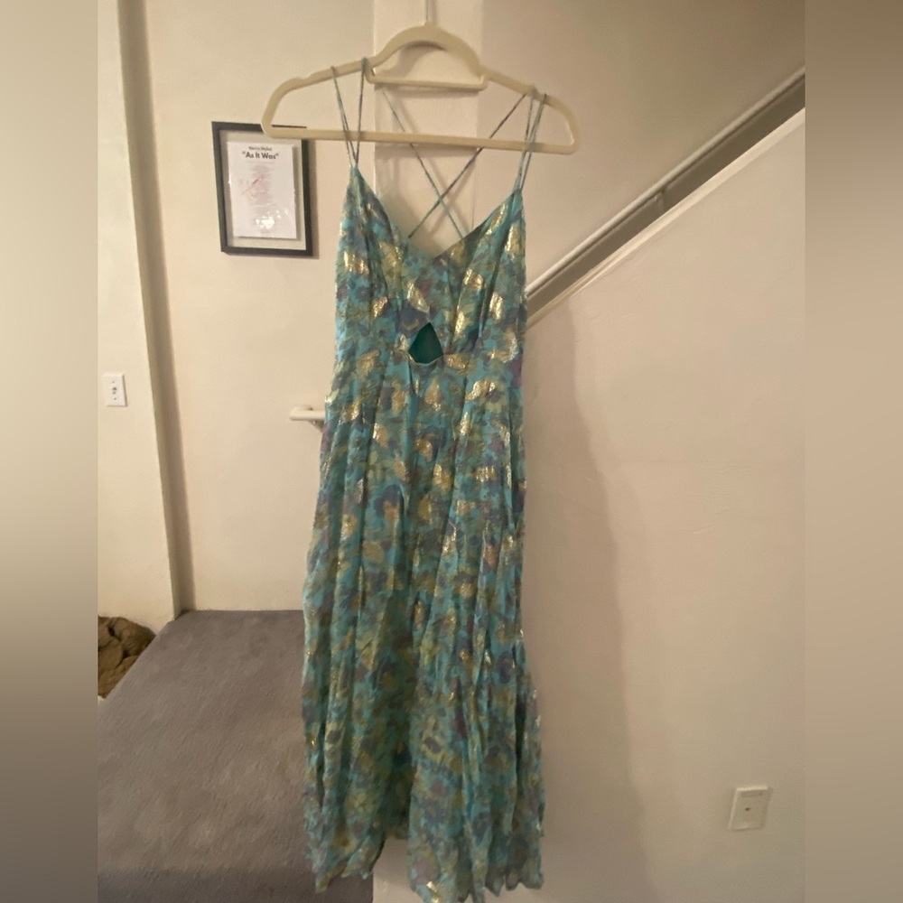 Karina Grimaldi Blue and Gold Backless Dress